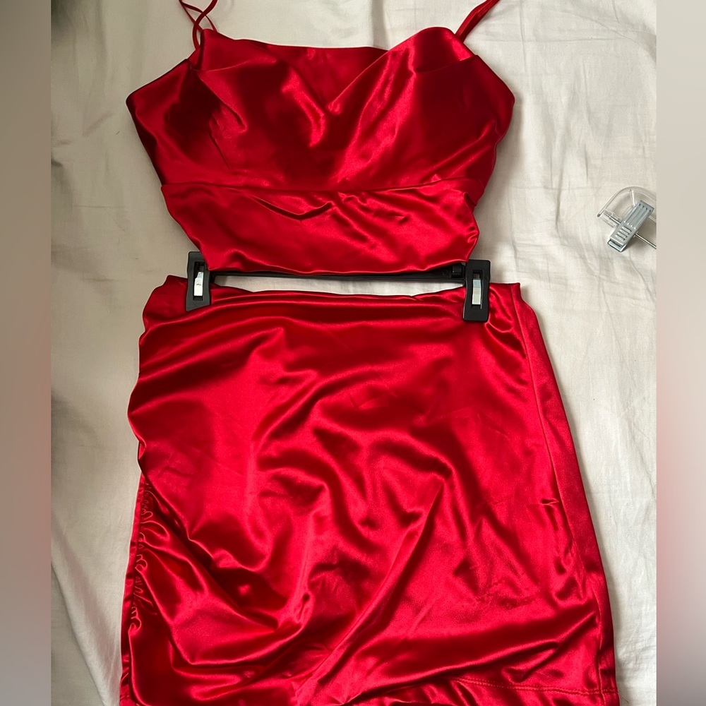 Two piece satin red.